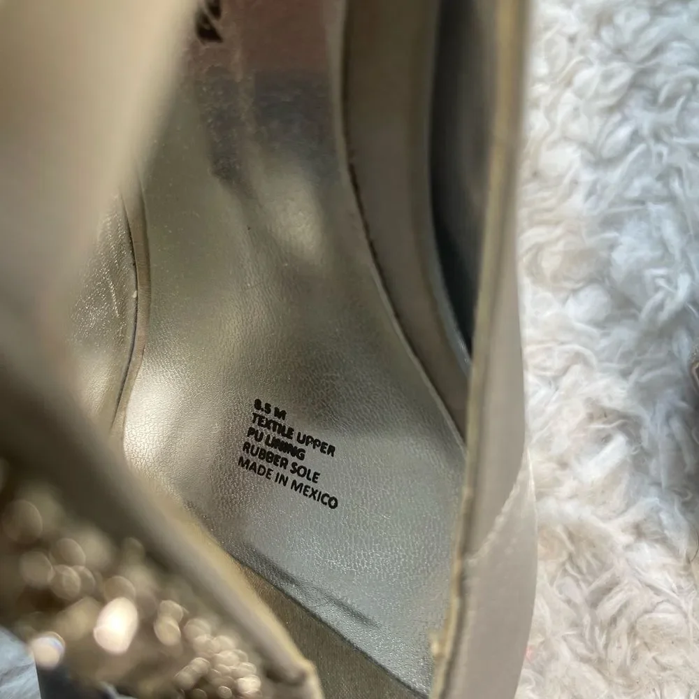 Lauren Jones gray SatinTStrap peep toe platform heels crystal beads accent SZ8.5